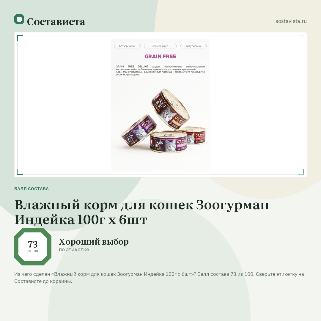 Влажный корм для кошек Зоогурман Индейка 100г х 6шт: балл состава 73 из 100 — Состависта