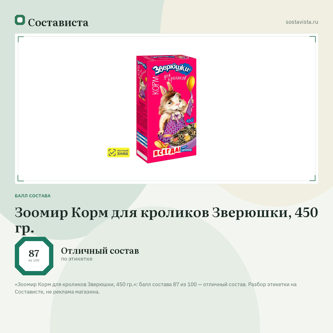 Зоомир Корм для кроликов Зверюшки, 450 гр.: балл состава 87 из 100 — Состависта