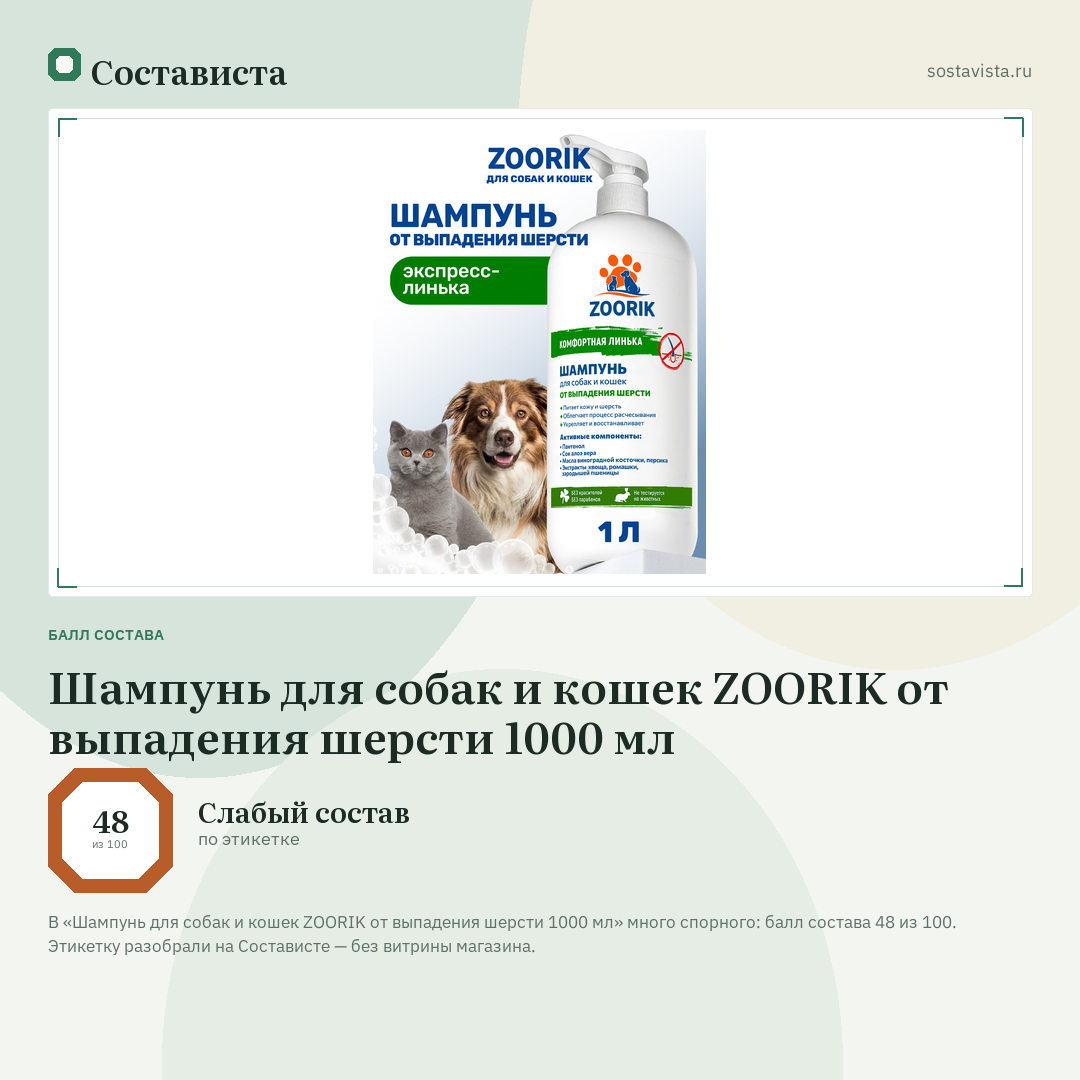 Шампунь для собак и кошек ZOORIK от выпадения шерсти 1000 мл: балл состава 48 из 100 — Состависта