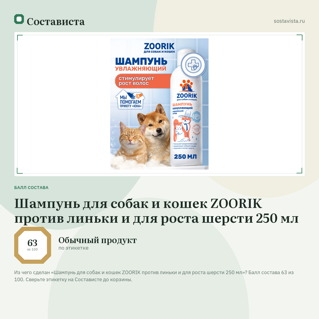 Шампунь для собак и кошек ZOORIK против линьки и для роста шерсти 250 мл: балл состава 63 из 100 — Состависта