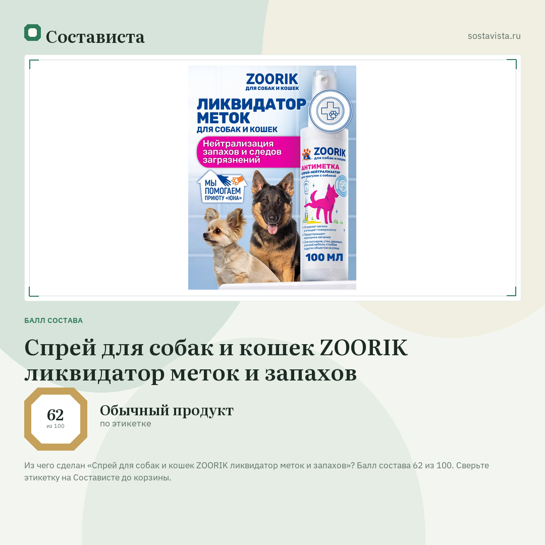 Спрей для собак и кошек ZOORIK ликвидатор меток и запахов: балл состава 62 из 100 — Состависта