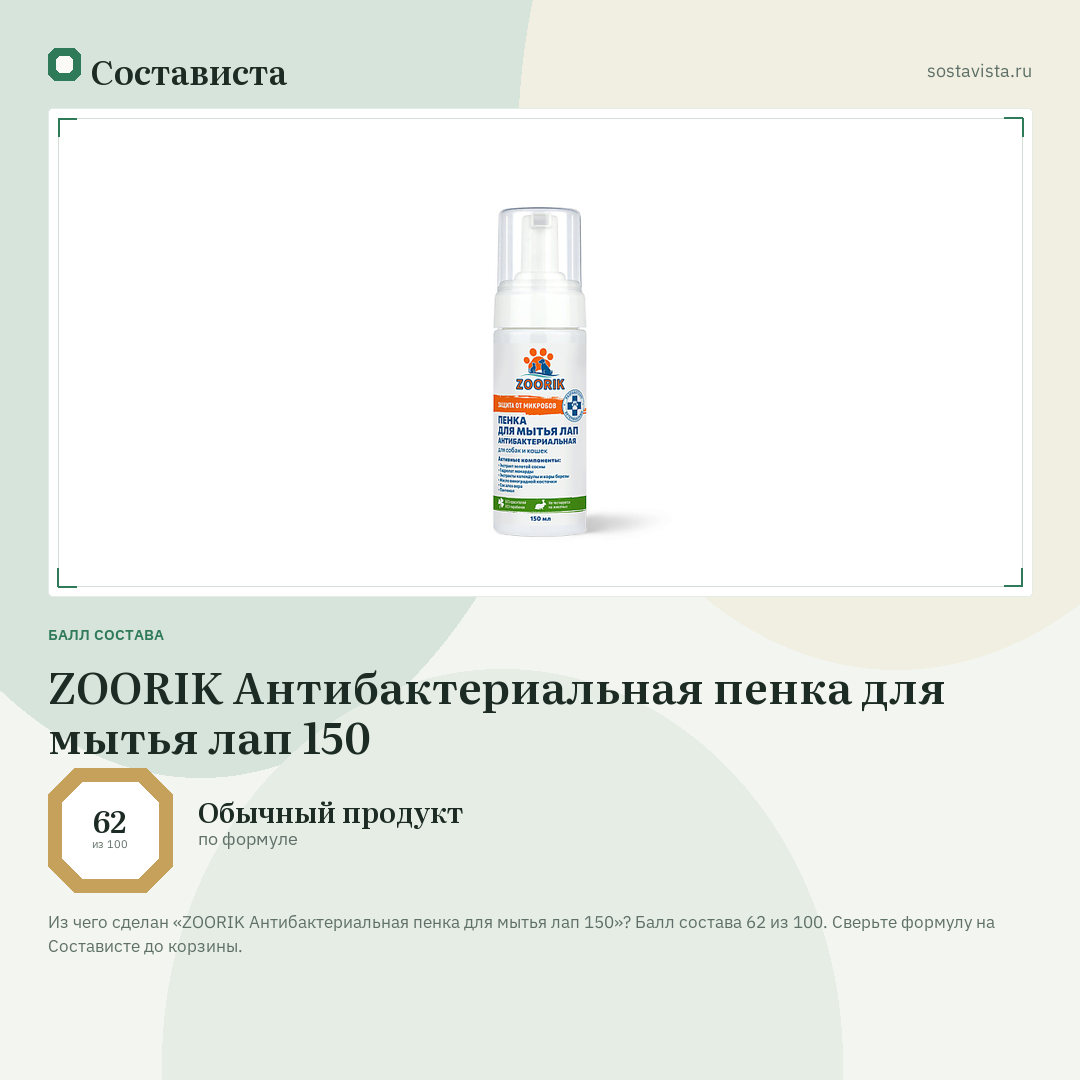 ZOORIK Антибактериальная пенка для мытья лап 150: балл состава 62 из 100 — Состависта