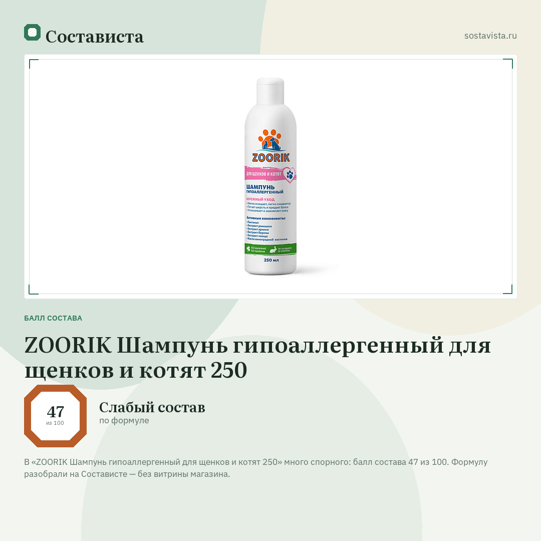 ZOORIK Шампунь гипоаллергенный для щенков и котят 250: балл состава 47 из 100 — Состависта