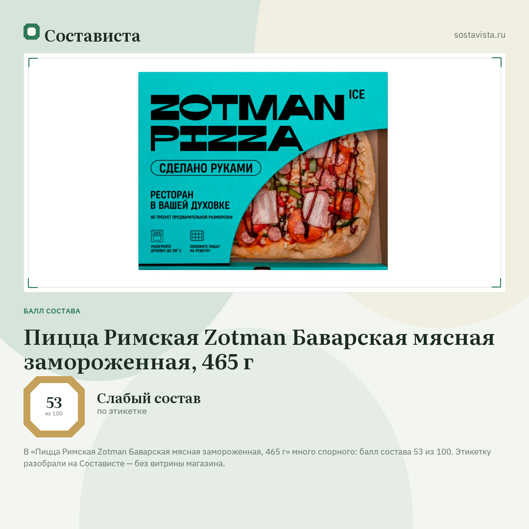 Пицца Римская Zotman Баварская мясная замороженная, 465 г: балл состава 53 из 100 — Состависта