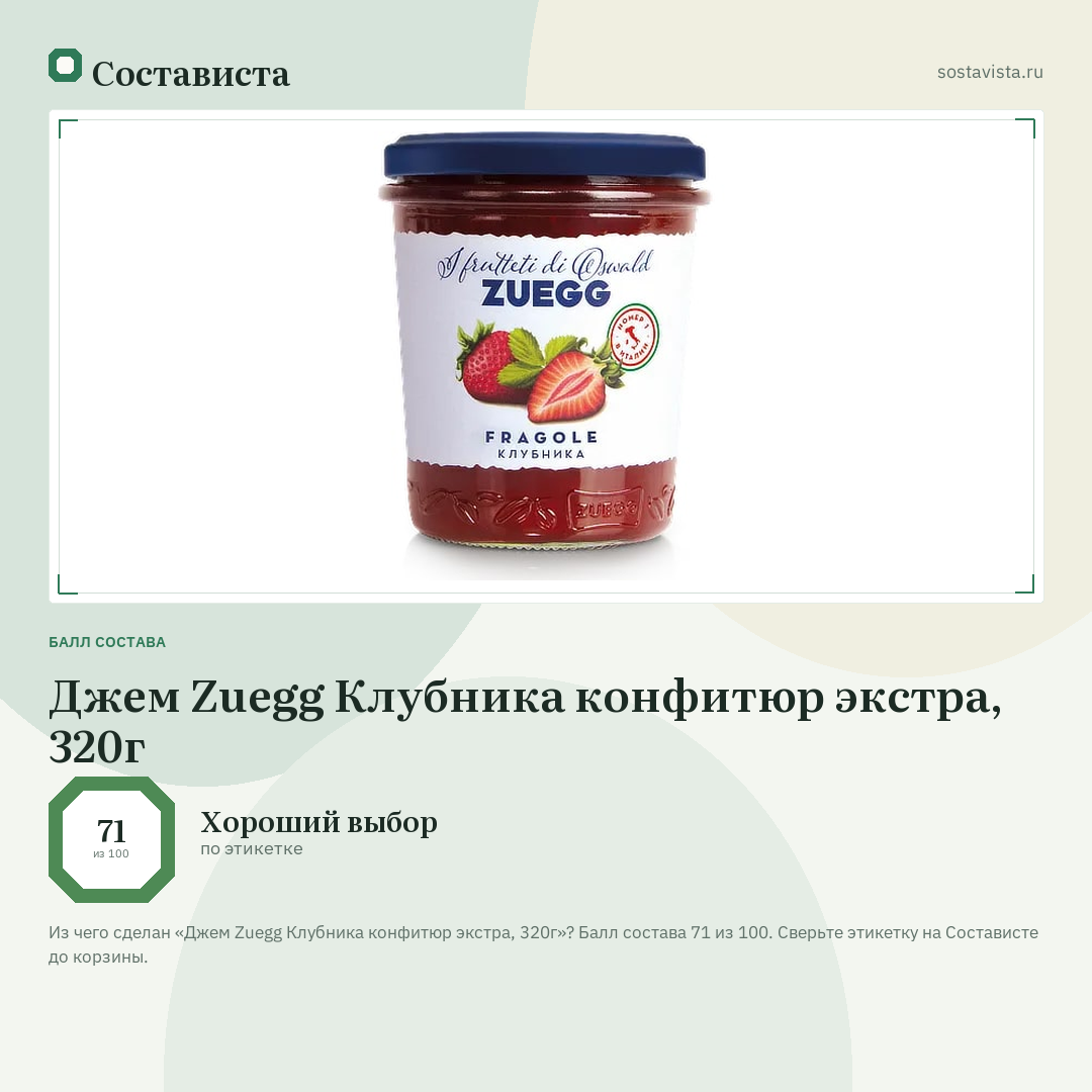 Джем Zuegg Клубника конфитюр экстра, 320г: балл состава 71 из 100 — Состависта