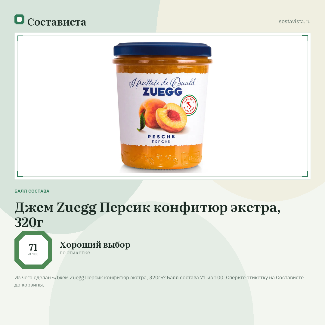 Джем Zuegg Персик конфитюр экстра, 320г: балл состава 71 из 100 — Состависта