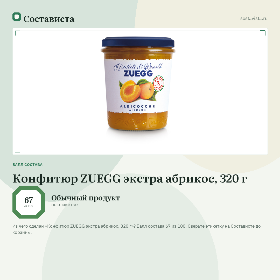 Конфитюр ZUEGG экстра абрикос, 320 г: балл состава 67 из 100 — Состависта