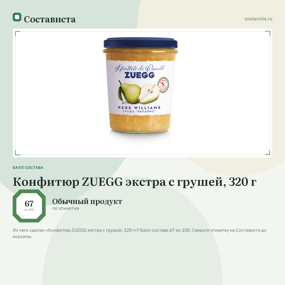 Конфитюр ZUEGG экстра с грушей, 320 г: балл состава 67 из 100 — Состависта