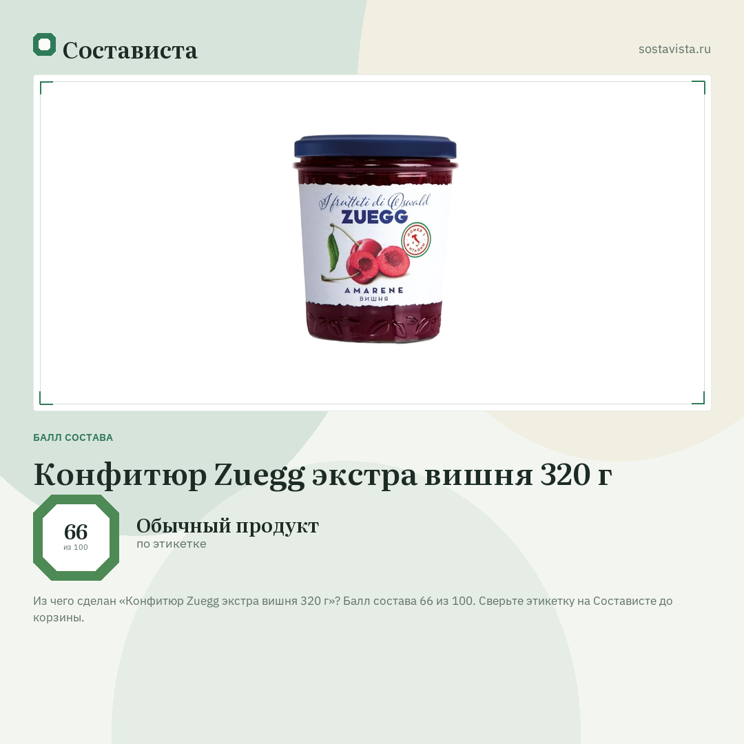 Конфитюр Zuegg экстра вишня 320 г: балл состава 66 из 100 — Состависта