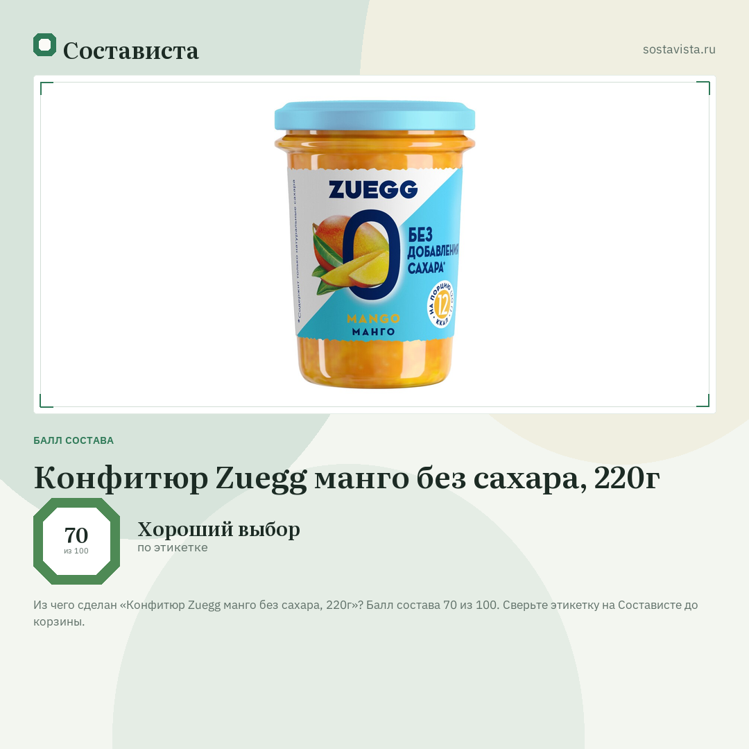 Конфитюр Zuegg манго без сахара, 220г: балл состава 70 из 100 — Состависта