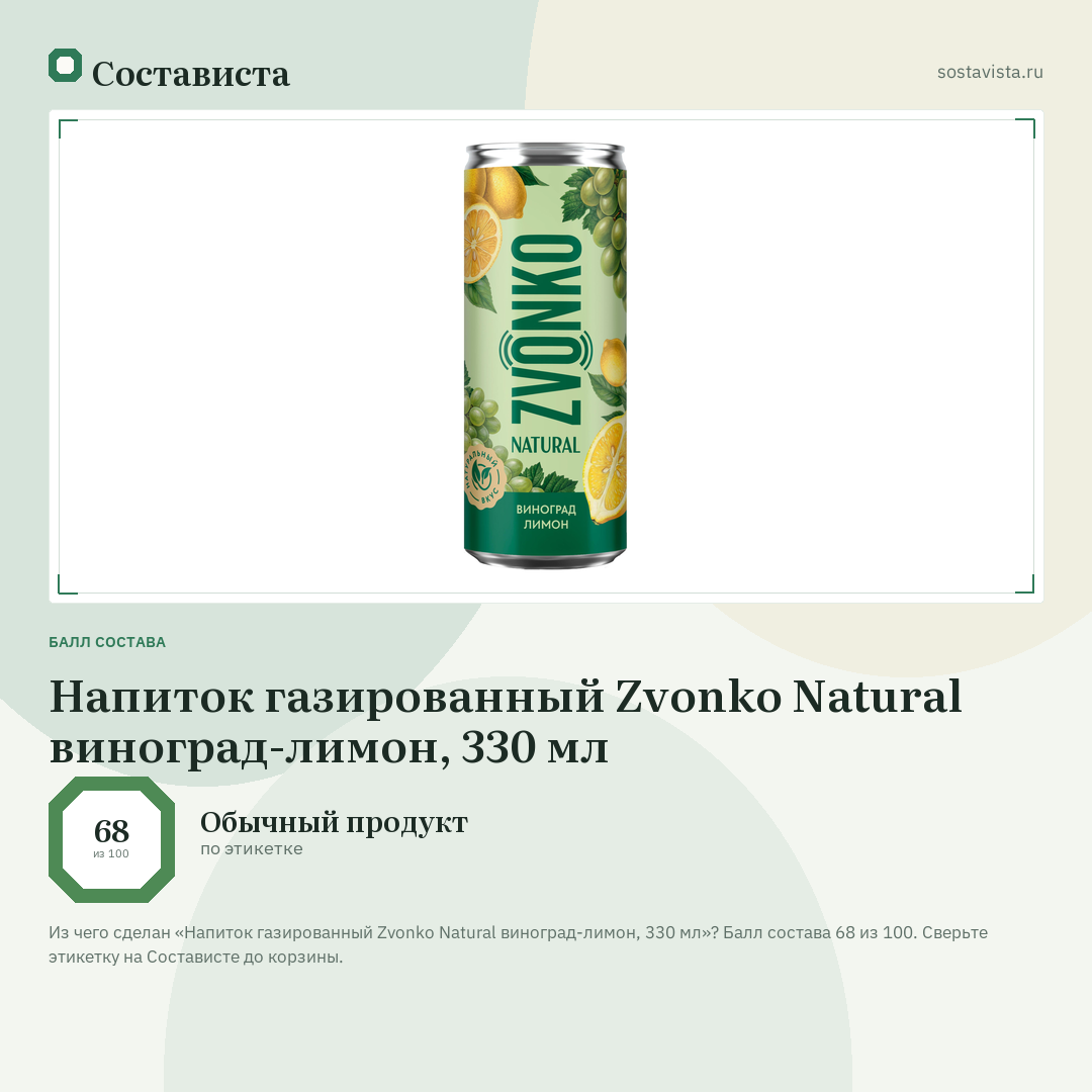 Напиток газированный Zvonko Natural виноград-лимон, 330 мл: балл состава 68 из 100 — Состависта